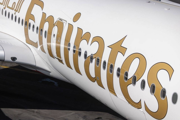 The Emirates Airline logo is seen on an Airbus A350-900 aircraft during its unveiling in November.
