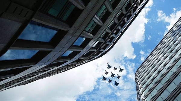 Russian Sukhoi Su-30SM jet fighters and Mikoyan MiG-29 jet fighters fly towards the Red Square for the Victory Day military parade general rehearsal, Wednesday, May 7, 2025 -