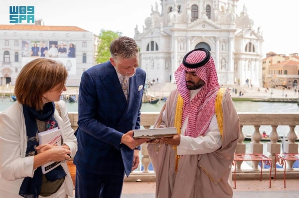 Saudi Minister of Culture Prince Badr bin Abdullah along with his Italian counterpart Alessandro Giuli during his visit to Venice on Thursday.
