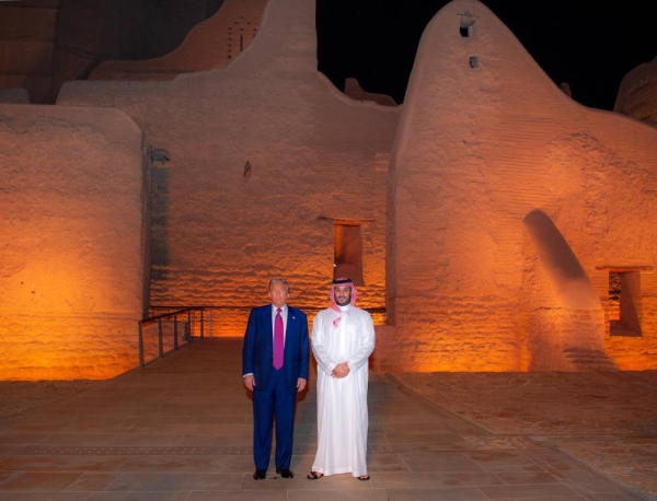 US President Donald Trump and Saudi Crown Prince Mohammed bin Salman during their walking tour of the historic At-Turaif district in Diriyah on Tuesday evening.