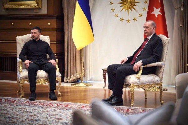 Ukrainian President Volodymyr Zelensky attends a meeting with Turkish President Recep Tayyip Erdogan at the presidential palace in Ankara, Turkey, on Thursday