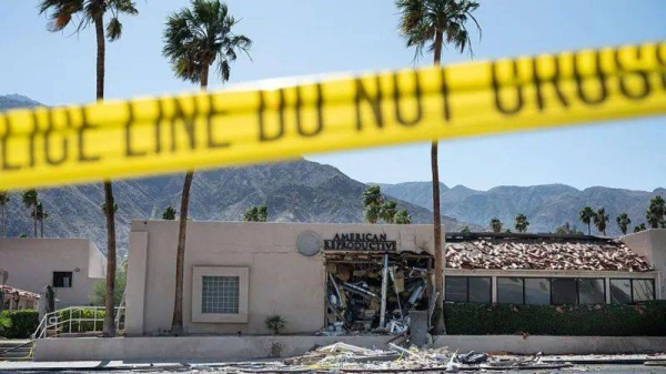 A police line is seen outside a building that houses the American Reproductive Centers fertility clinic after a bomb blast outside the building in Palm Springs, California, on May 17, 2025