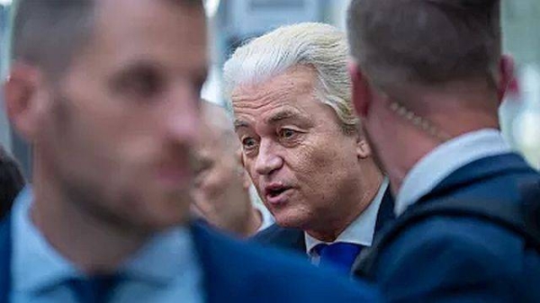 Geert Wilders of the PVV, or Party for Freedom, is interviewed after casting his ballot for the European election in The Hague, 6 May 2024