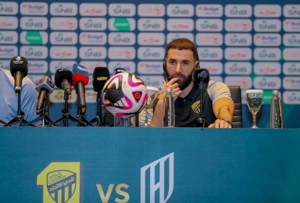 Al Ittihad captain Karim Benzema speaking during the pre-match press conference on Thursday.