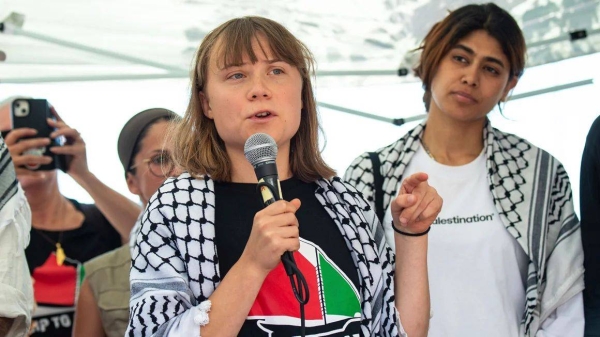 Climate activist Greta Thunberg with other activists from a human rights organization meets with journalists in Catania, Italy on June 1, 2025 before setting sail towards Gaza