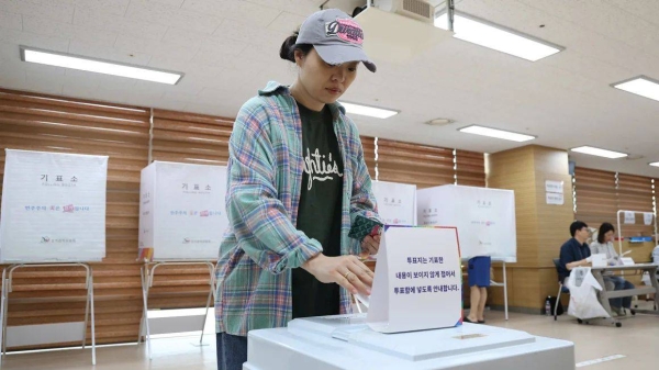 A voter casts a ballot for the presidential election on June 3, 2025 in Seoul, South Korea