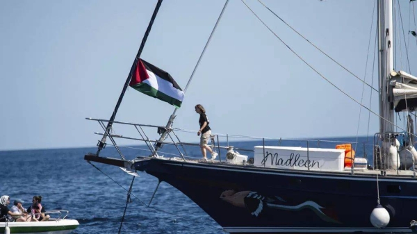 Climate activist Greta Thunberg boards the Madleen boat before setting sail for Gaza along with activists of the Freedom Flotilla Coalition Catania, Italy, June 1, 2025