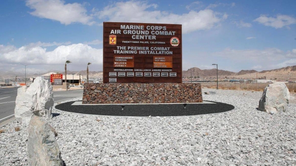 The entrance to US Marine Corps Air Ground Combat Center in Twentynine-Palms, California