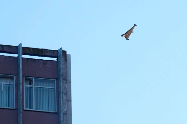 A Russian drone attacks a building during Russia's massive missile and drone air attack in Kyiv, Ukraine on June 17, 2025