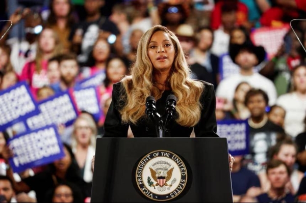 Singer Beyonce speaks during a campaign rally of Democratic presidential nominee U.S. Vice President Kamala Harris, in Houston, Texas, on October 25, 2024.