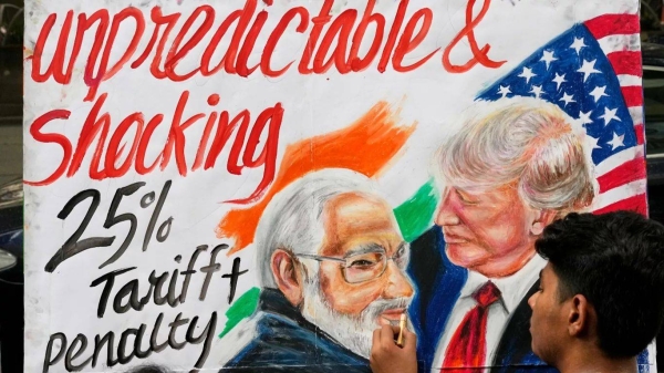 A student of Gurukul school of Art completes artwork of U.S. President Donald Trump and Prime Minister of India Narendra Modi, in Mumbai, India. 1 August 2025