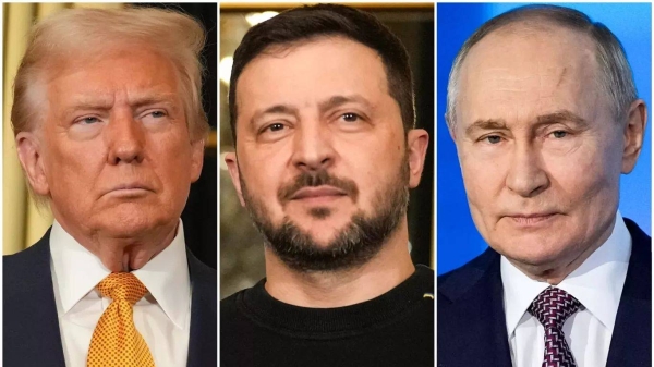 President Donald Trump, left, and Ukraine's President Volodymyr Zelenskyy, Dec. 7, 2024 in Paris, and President Vladimir Putin, Moscow on Feb. 21, 2025