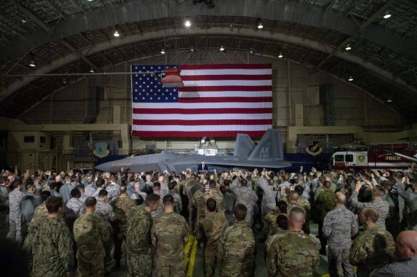 President Donald Trump speaks to US troops at Joint Base Elmendorf-Richardson in Anchorage, Alaska, in 2019