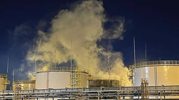 Smoke rises from the side of the Ilsky Oil Refinery manufacturing complex in the Krasnodar region in southern Russia