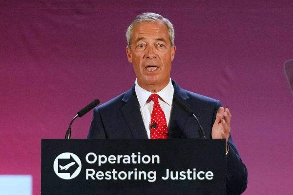 Reform UK party leader Nigel Farage speaks a press conference at Oxford Airport, 26 August, 2025