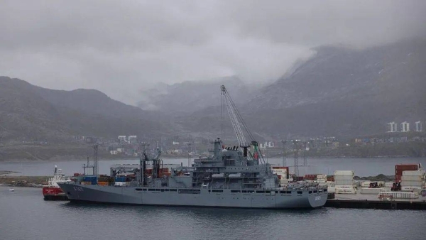 A German navy ship pictured docking in Greenland - an autonomous territory of the Kingdom of Denmark