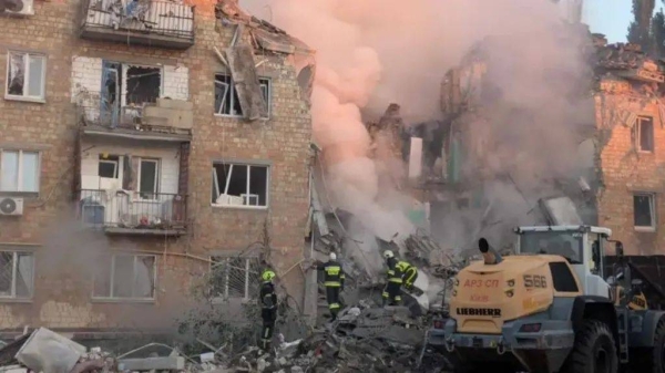 A five-story residential building was destroyed in the attack Thursday