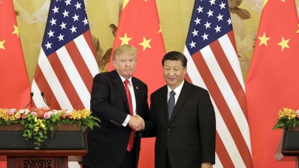 Donald Trump and Xi Jinping shake hands during a news conference in Beijing in 2017