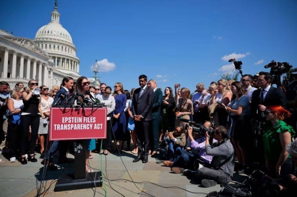 Haley Robson answers reporters' questions during a news conference wth other alleged victims of disgraced financier and sex trafficker Jeffrey Epstein, outside the US Capitol on September 3, 2025