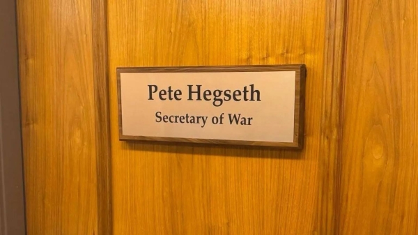 Pete Hegseth shared a photo of his new doorplate on social media.