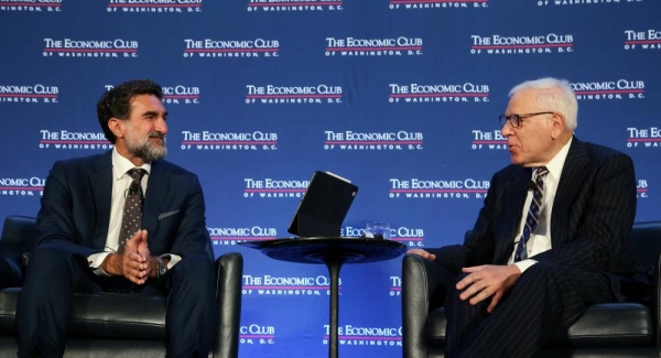 Yasir Al-Rumayyan speaking at the Economic Club in Washington on Monday alongside David Rubenstein. (X: @PIF_en)