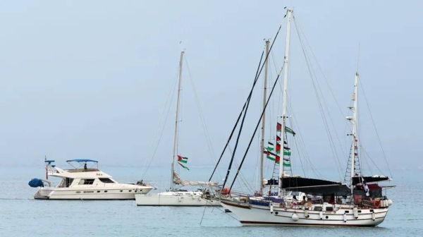 Part of the Global Sumud Flotilla pictured off the coast of Sidi Bou Said port in Tunisia
