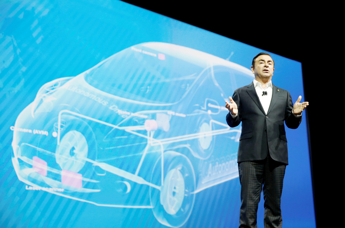 Carlos Ghosn, chairman and CEO of Nissan, speaks during a keynote address at the 2017 CES in Las Vegas