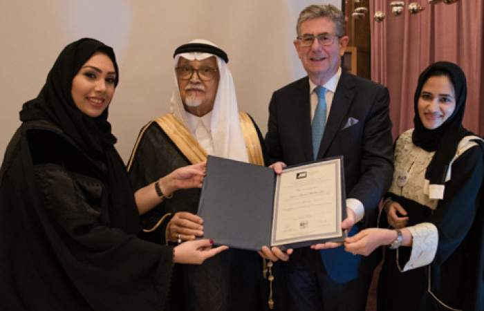 Professor Hussein Al-Alawi, Dr. Haneen Shoaib, Michael Lee and student Dareen Sabban during the graduation ceremony at Jeddah College of Advertising. At right, Dr. Abdullah Dahlan with Michael Lee.