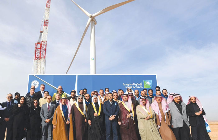 Ranking officials of Saudi Aramco and GE during the commissioning of the first wind turbine in Saudi Arabia