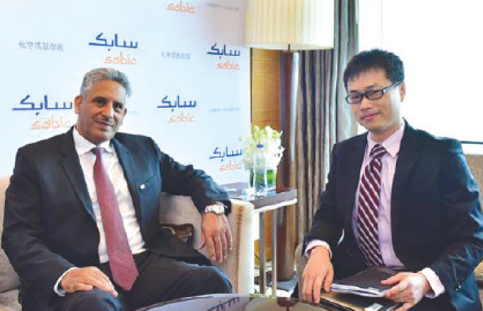 Sabic’s Executive Vice President of Polymers Abdulrahman Al-Fageeh (left) at Chinaplas 2016 conference in Shanghai
