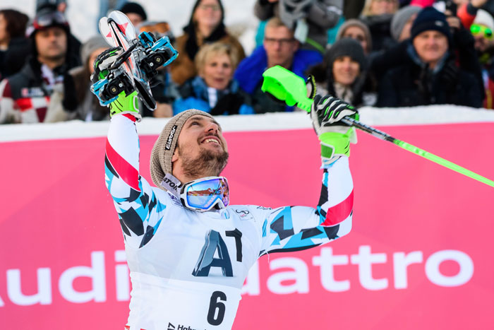 Winner Marcel Hirscher of Austria celebrates after the Men's Slalom event of the FIS Alpine Skiing World Cup at the Hahnenkamm in Kitzbuehel, Austria on Sunday. — AFP