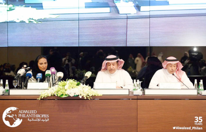 Princess Lamia (L) and Faisal Bin Muammar (C) addressing the press conference in Riyadh.