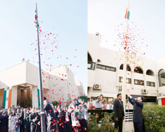 On left, Ambassador Ahmad Javed hoists the national flag in Riyadh. On right, Consul General Md. Noor Rahman Sheikh hoists the national flag in Jeddah. — Courtesy photos