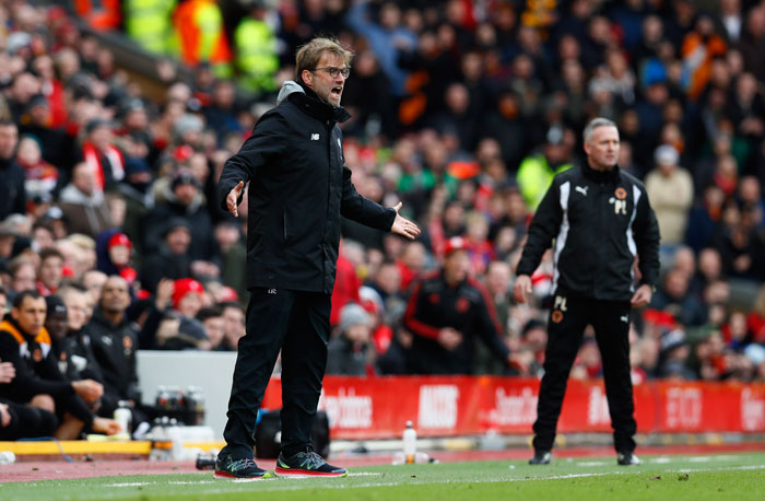 Liverpool manager Juergen Klopp  in action at Anfield. —