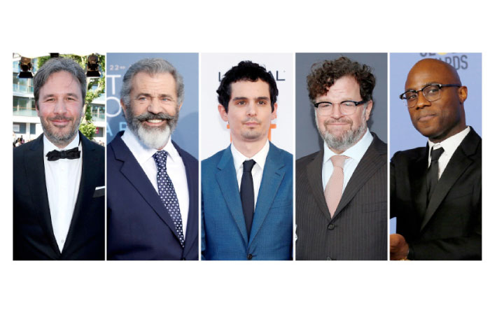 From left, Best director Oscar nominees for the 89th annual Academy Awards: Denis Villeneuve, Mel Gibson, Damien Chazelle, Kenneh Lonergan and Barry Jenkins.