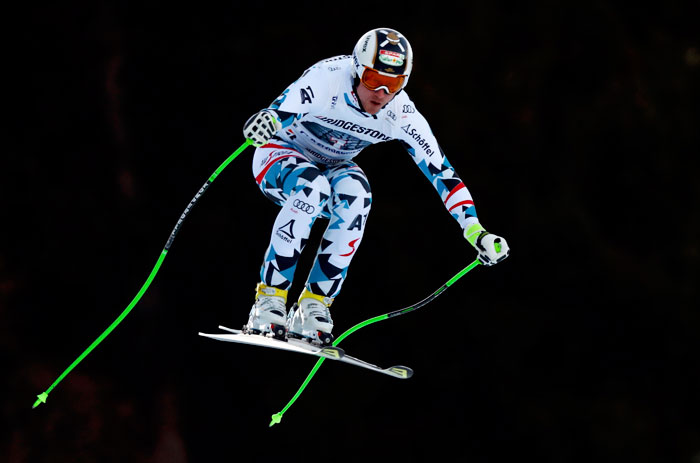 Hannes Reichelt in action in downhill race at Garmisch-Partenkirchen for his first World Cup victory of the season. — Reuters