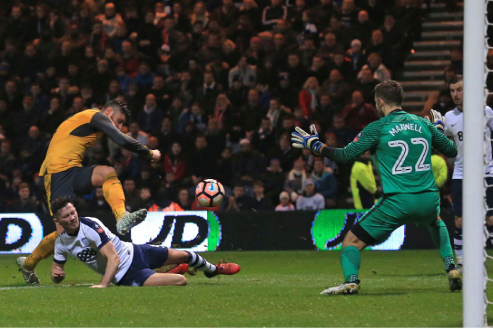 Arsenal’s striker Olivier Giroud (L) shoots to score the second goal past Preston’s goalkeeper Chris Maxwell during the English FA Cup match at Deepdale in England Saturday. — AFP