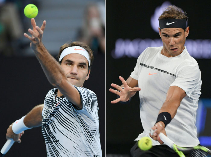 This combination of pictures created on Saturday shows Roger Federer, left, serving against Mischa Zverev during their men’s singles quarter-final match and Rafael Nadal, right, hitting a return against Grigor Dimitrov during their men’s singles semi-final match of the Australian Open tennis tournament in Melbourne, Australia. — AFP