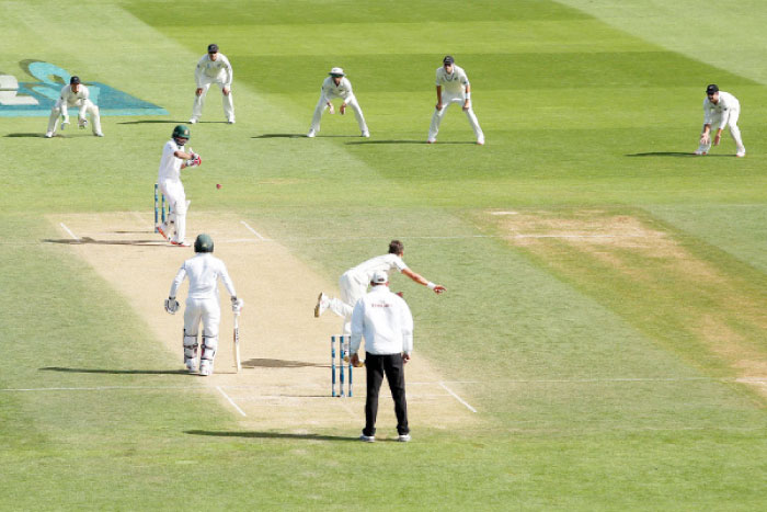 Tim Southee bowls to Tamim Iqbal in Wellington Sunday.