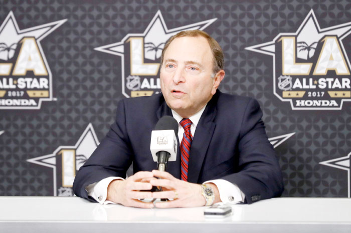 National Hockey League Commissioner Gary Bettman speaks with the media during 2017 NHL All-Star Media Day as part of the 2017 NHL All-Star Weekend at the JW Marriott on Saturday in Los Angeles, California. — AFP