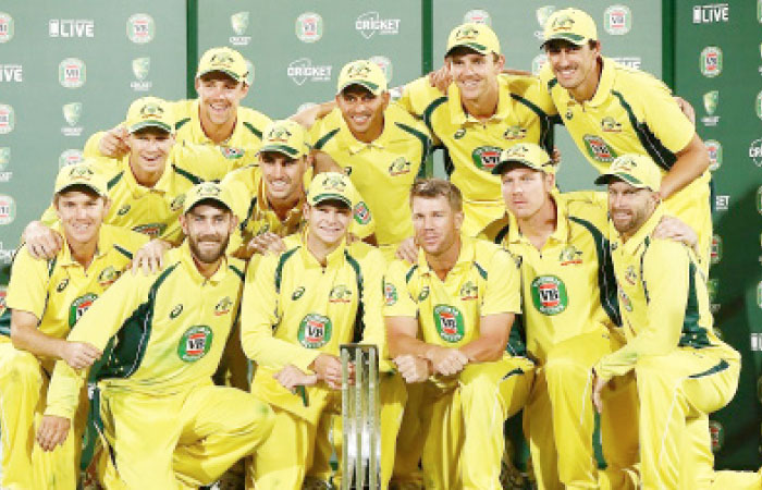 The Australian team poses after completing a 4-1 series win against Pakistan in Adelaide Thursday.