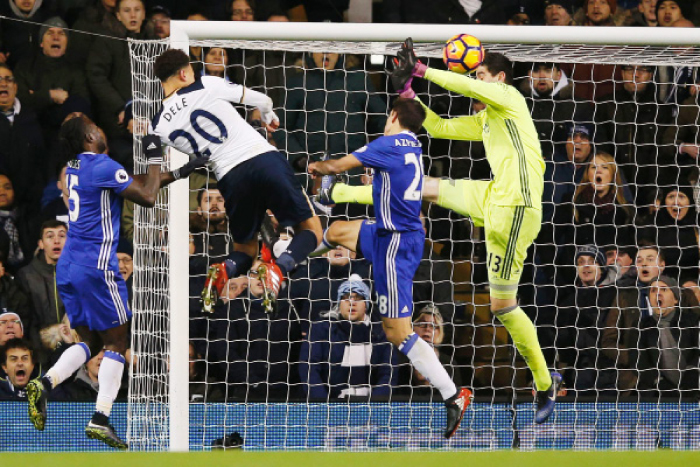 Tottenham Hotspur’s midfielder Dele Alli (2nd L) jumps to score the second goal during the English Premier League match against Chelsea at White Hart Lane in London Wednesday. — AFP