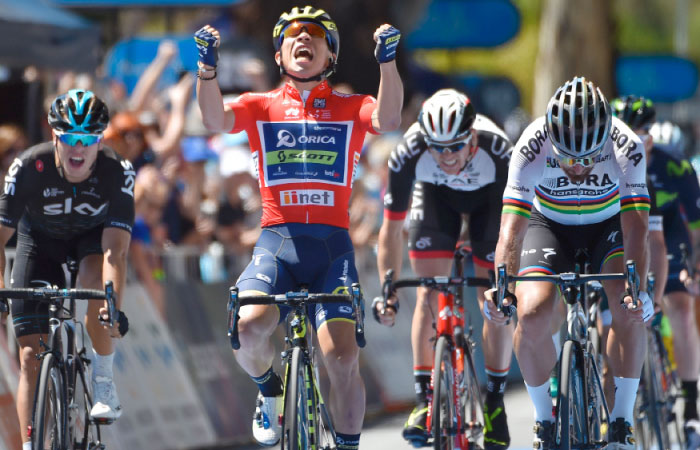 Orica-Scott rider Caleb Ewan of Australia (centre L) wins ahead of Bora-Hansgrohe rider Peter Sagan of Slovakia (R) in stage four of the Tour Down Under cycling race near Adelaide Friday. - AFP
