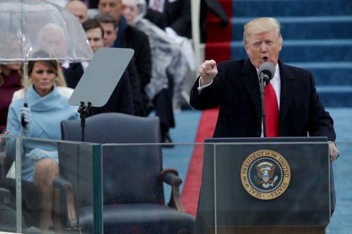 President Donald Trump delivers his inaugural address on the West Front of the US Capitol on Friday in Washington, DC. Following the inauguration ceremony Donald J. Trump became the 45th president of the United States. — AFP