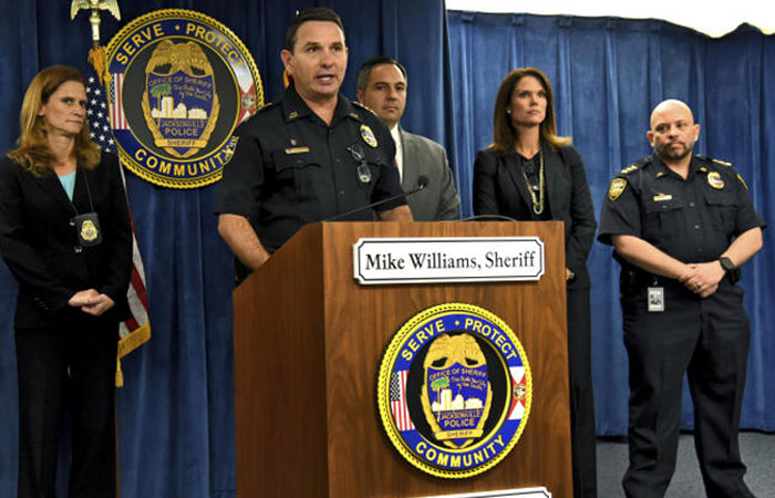 Jacksonville Sheriff Mike Williams, center, speaks during a news conference in Jacksonville, Florida on Friday, where it was announced they found Kamiyah Mobley alive and well in South Carolina. — AP