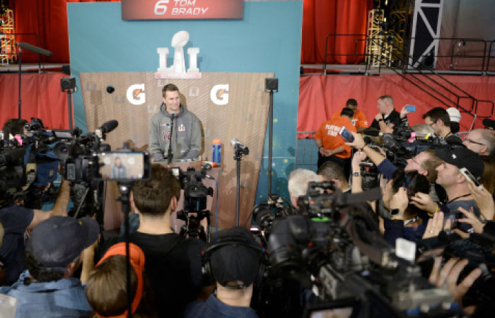 New England Patriots’ quarterback Tom Brady is interviewed during Super Bowl Opening Night at Minute Maid Park Monday. - Reuters