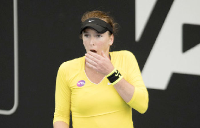 United States’ Madison Brengle reacts after defeating compatriot Serena Williams in their second round match at the ASB Classic Tennis Tournament in Auckland Wednesday. — AP