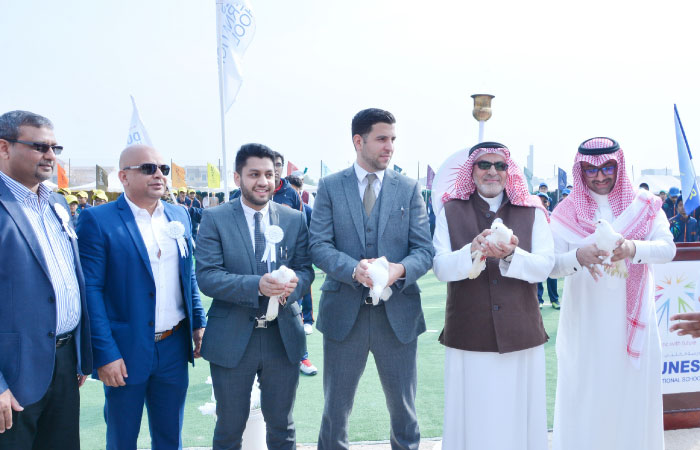 L to R: Dr. Saleem, Amjad Khan, Saad Tarin, Tariq Dasouki (Chief Guest), Dr. Ibrahim Al Quayid (Guest of honor) and Awadh Al Qahtani at 6th Annual Sports day of DUNES International school, Al Khobar.