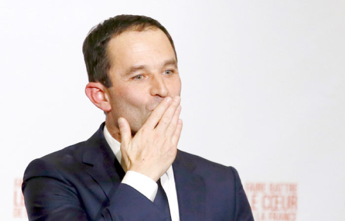 Benoit Hamon blows a kiss to supporters after winning the socialist party presidential nomination in Paris, France, on Sunday. — AP