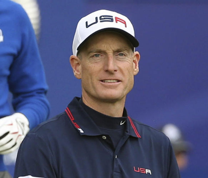 In this Sept. 28, 2014, file photo, Jim Furyk, of the United States, walks off the tee box after playing the first hole during a singles match on the final day of the Ryder Cup golf tournament, at Gleneagles, Scotland. — AP